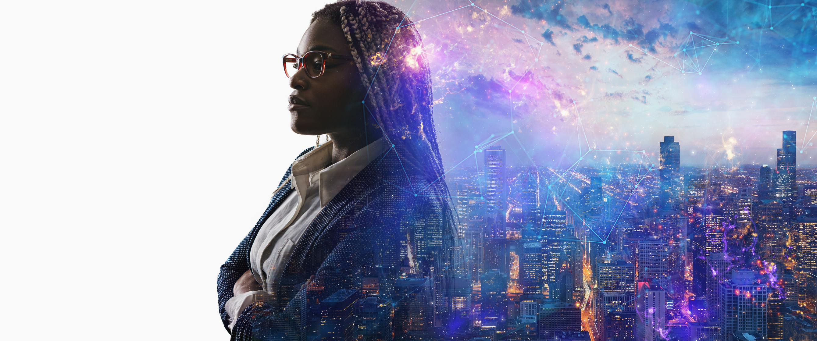Background concept with business people silhouette at work. Double exposure and light effects