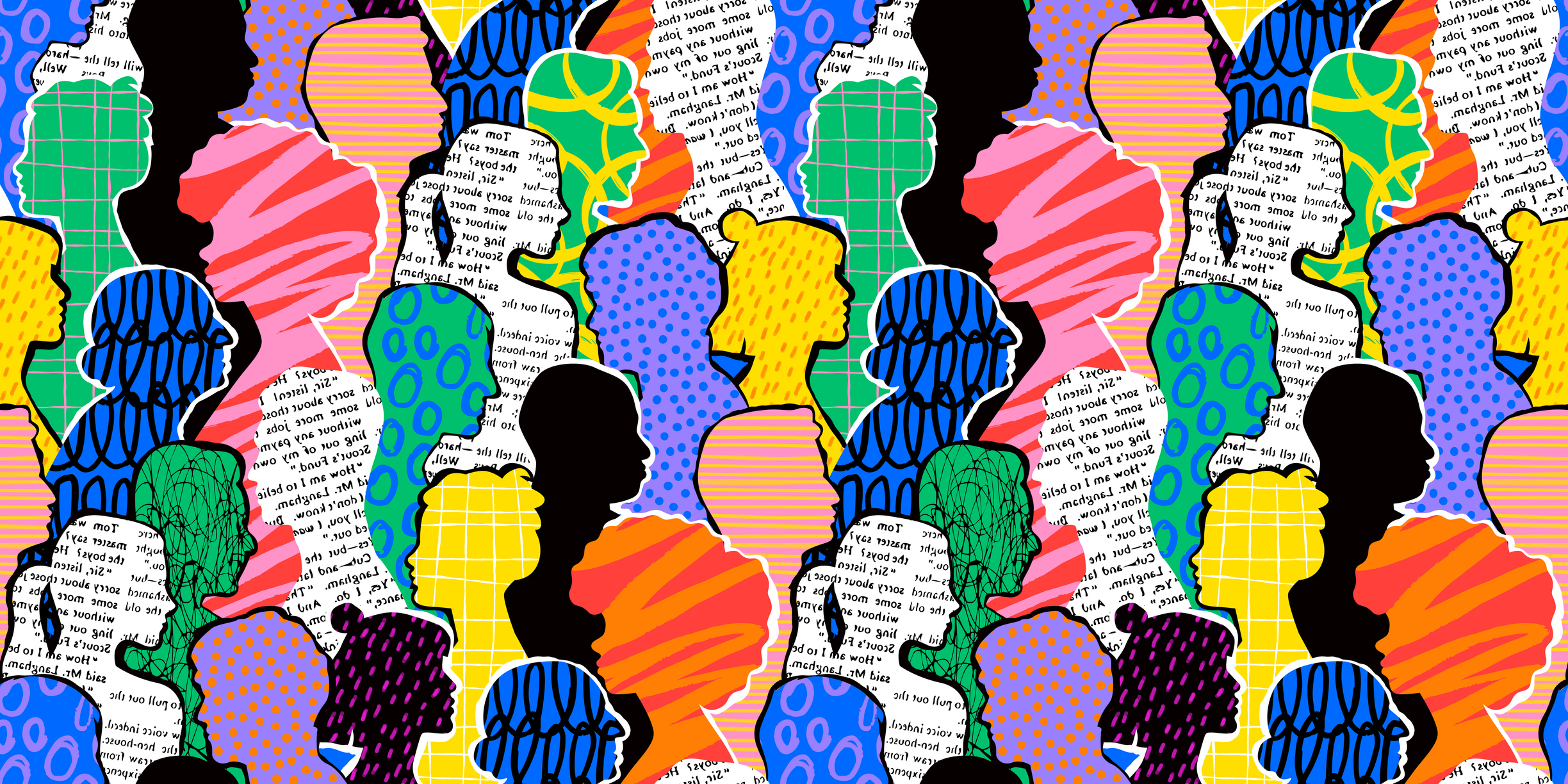 Colorful diverse people crowd abstract art seamless pattern. Multi-ethnic community, big cultural diversity group background illustration in modern collage painting style.