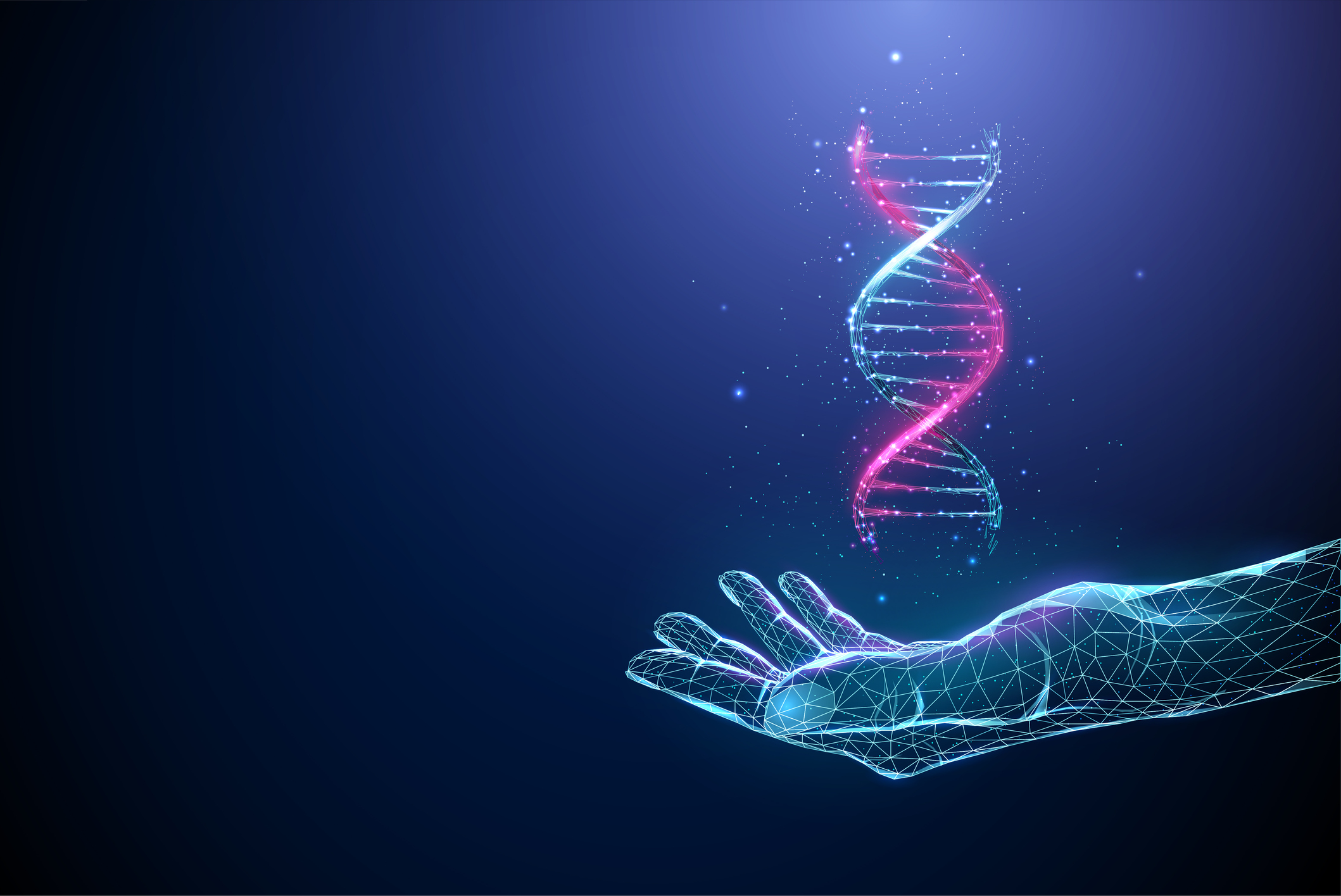 Abstract blue giving hand with flying 3d DNA molecule helix. Gene editing genetic biotechnology, engineering concept. Low poly style. Graphic geometric. Wireframe light connection structure. Vector
