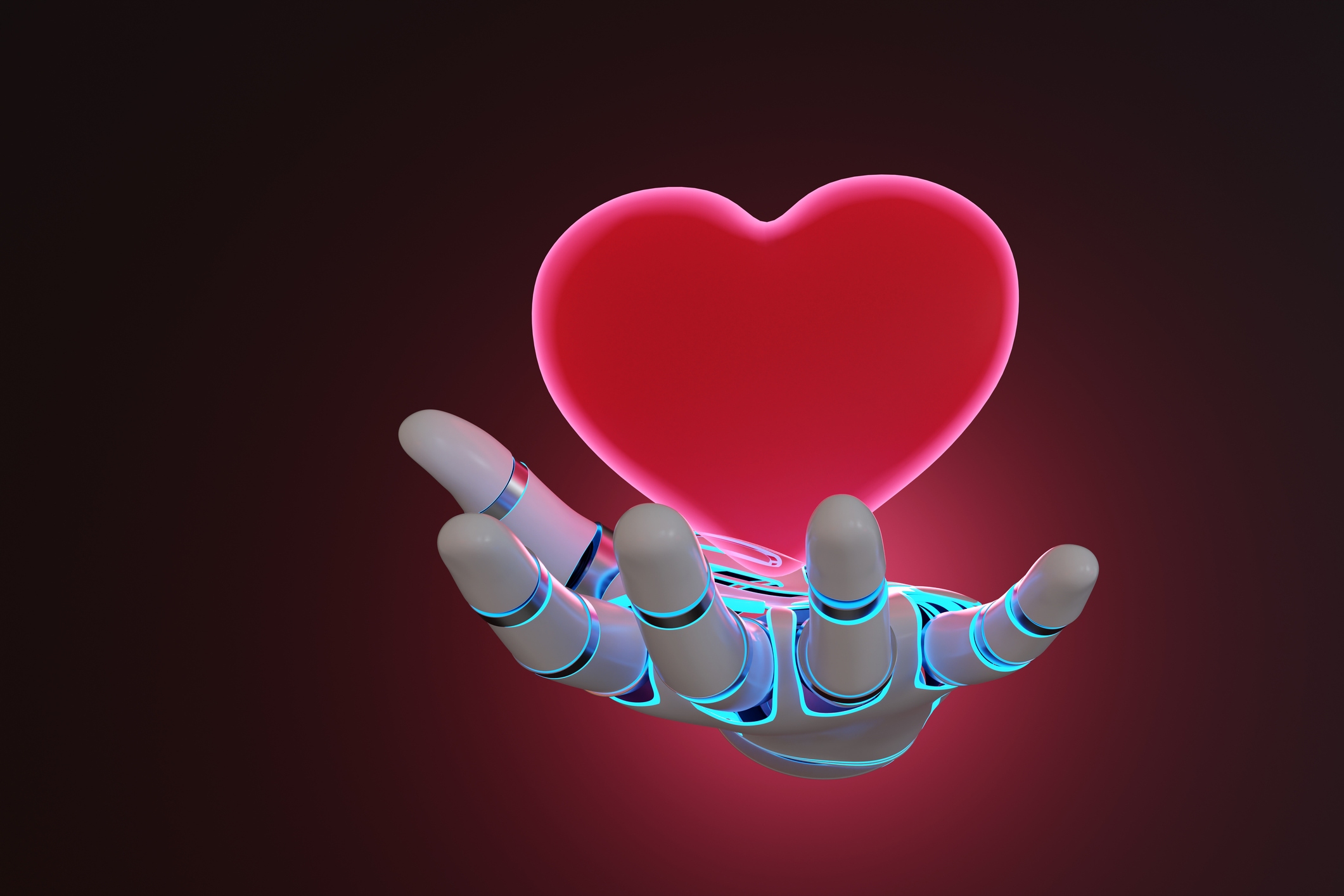 Robotic arm having a glowing red heart floating above its palm on dark background. Illustration of the concept of emotion artificial intelligence and digital feeling