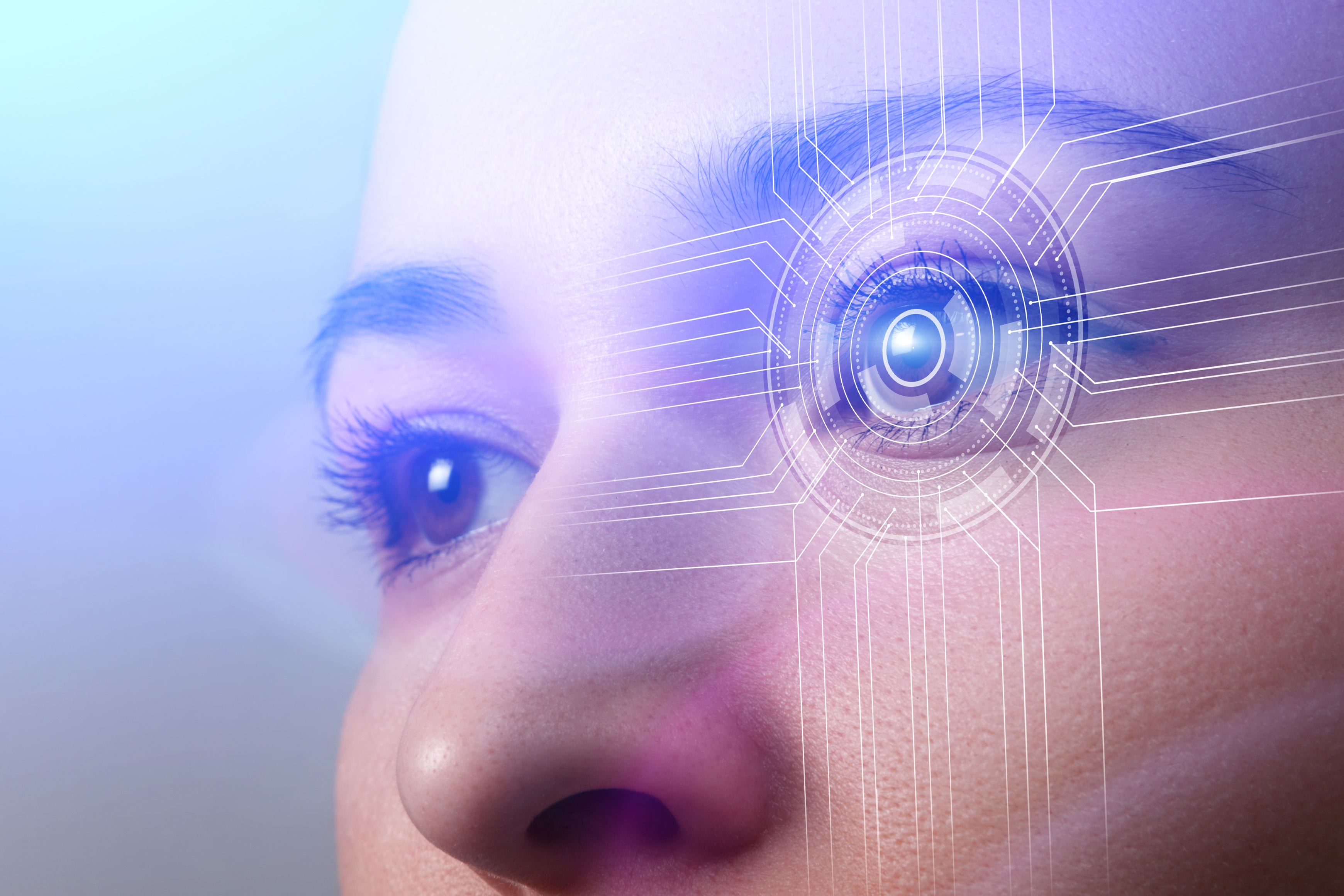 Biometrics concept. Facial Recognition System. Face Recognition. Iris recognition. Cyber eye. Smart Lens.