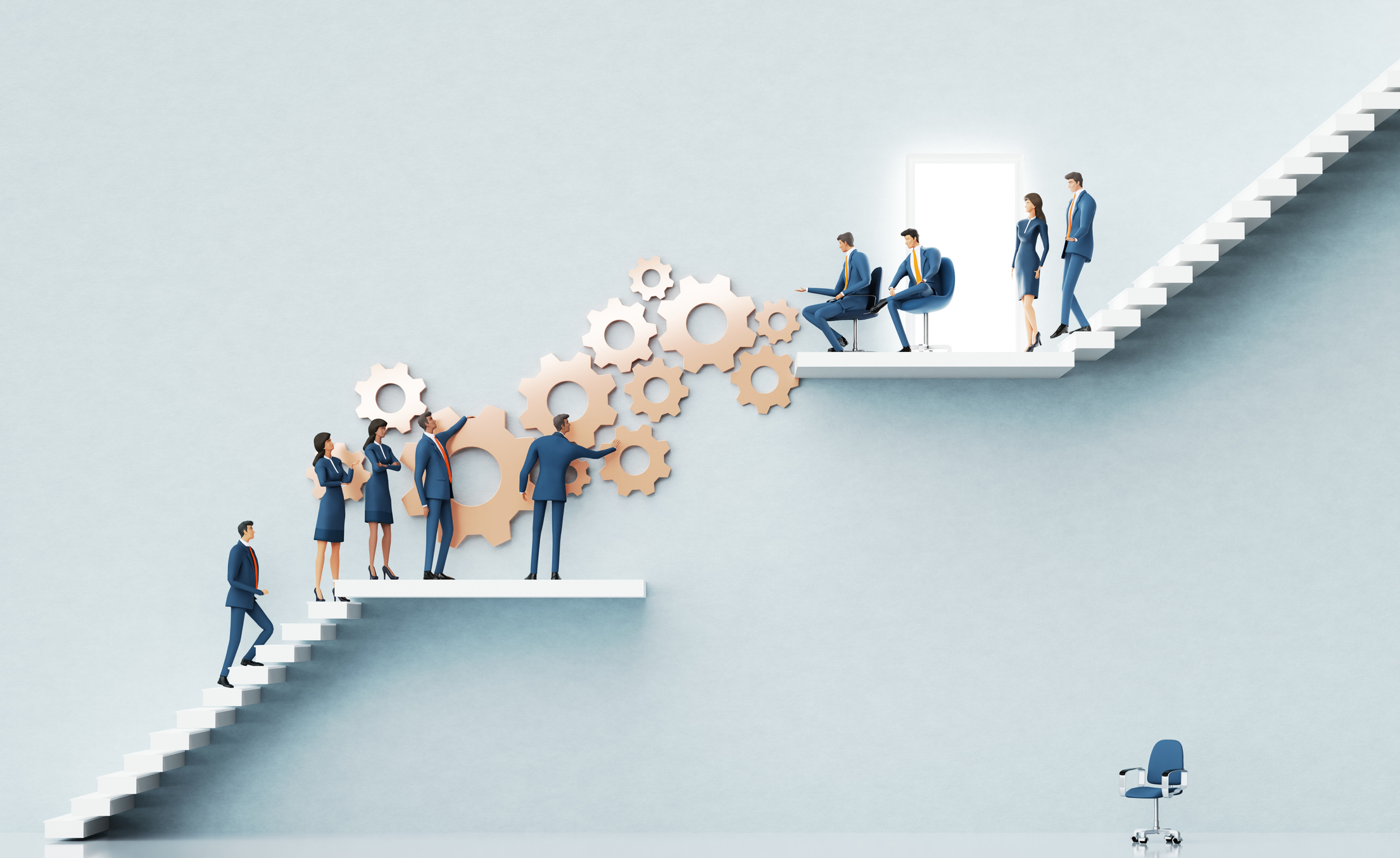 Business team presents a new startup idea to investors. Business people and rolling golden gears. Abstract environment with stairs, business concept 3D rendering